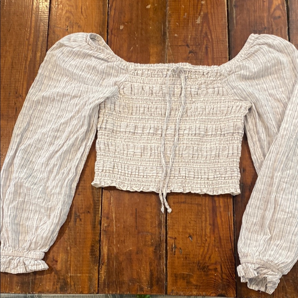 Aerie Cream Smocked Tie Front Crop Blouse